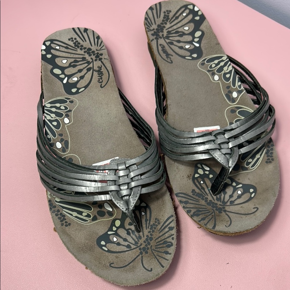 Cushe Silver Sandals with Embossed Straps